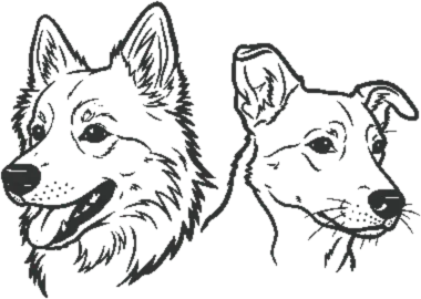 A minimalist charcoal sketch of two dogs—one larger and one smaller—positioned together on a transparent background.