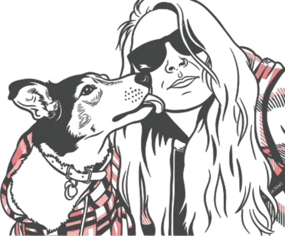 A heartwarming charcoal sketch of Maya licking her owner Kayla’s face, captured in a profile view with expressive details on a transparent background.