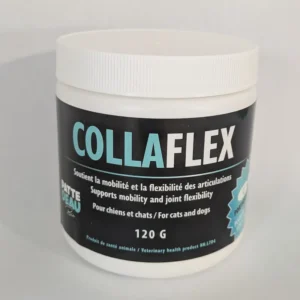 Un pot blanc de collagène hydrolysé CollaFlex pour la souplesse des articulations avec une étiquette noire et bleu sarcelle.