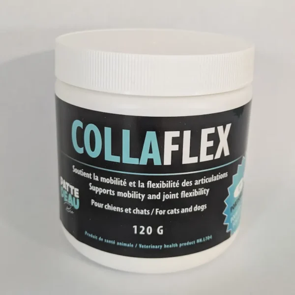 Un pot blanc de collagène hydrolysé CollaFlex pour la souplesse des articulations avec une étiquette noire et bleu sarcelle.