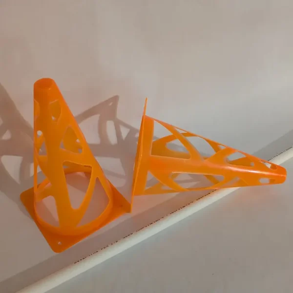 Deux cônes d'agilité en plastique orange pour l'entraînement canin.