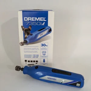 Meuleuse à ongles sans fil Dremel 7350-PT pour animaux et son emballage d'origine.