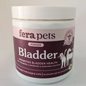 A white tub of Fera Pets Bladder support powder with a purple and pink label.