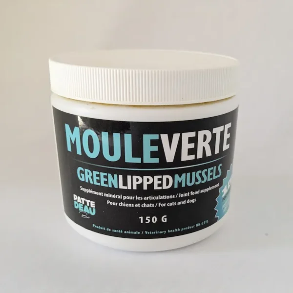 A white tub of Green Lipped Mussels powder for joint support with a black and teal label.