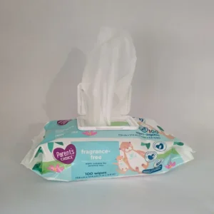 Open dispenser showing a white hypoallergenic wipe pulled through the top.
