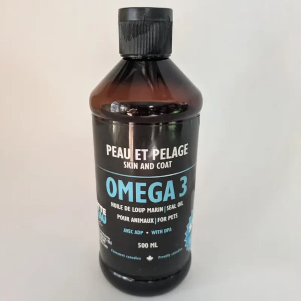 A dark amber bottle of Omega 3 Seal Oil for skin and coat health with a black and teal label.