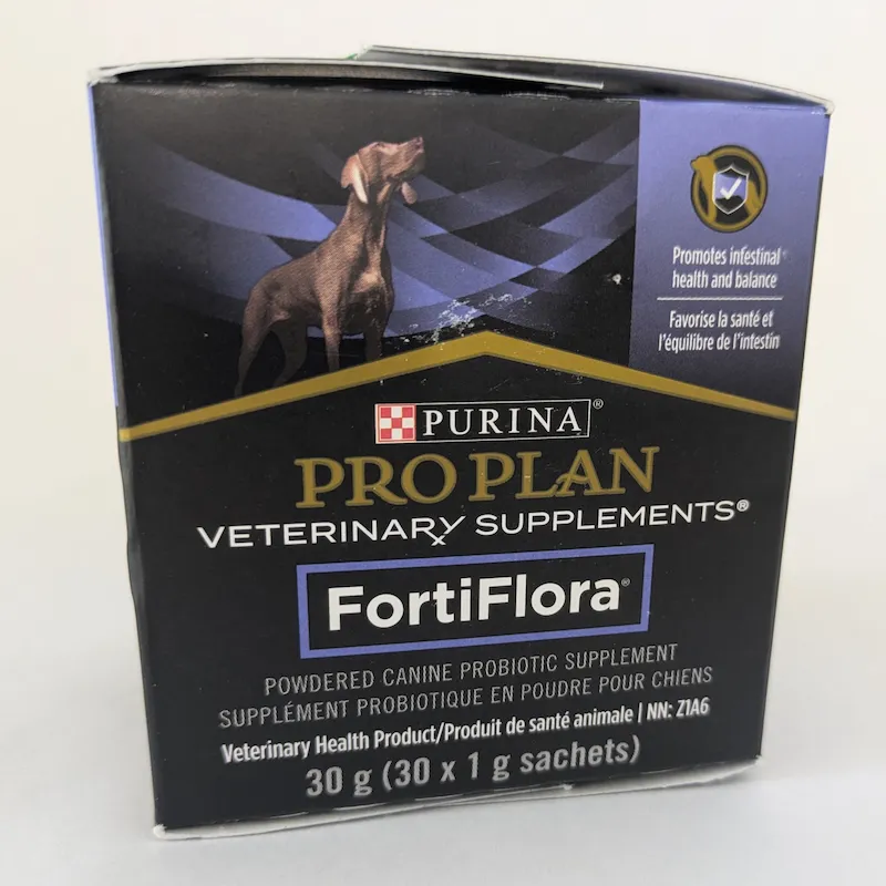 A box of Purina Pro Plan FortiFlora veterinary probiotic supplement for dogs.