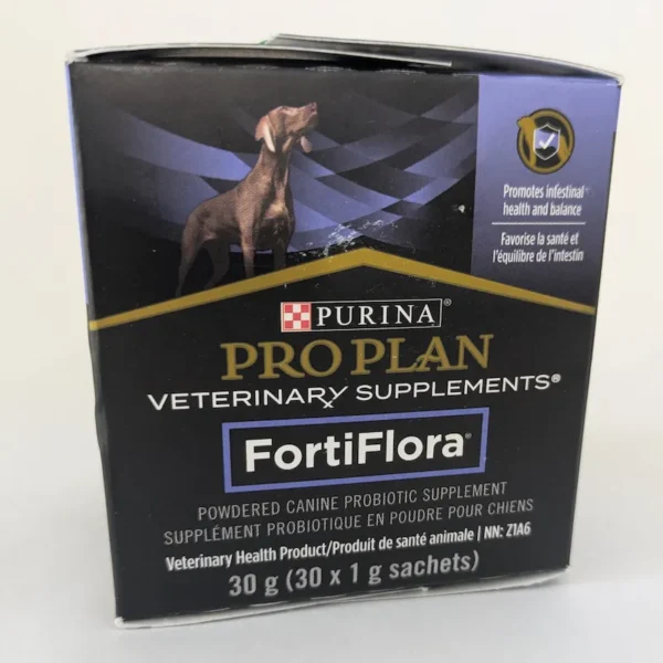 Une boîte de supplément probiotique vétérinaire Purina Pro Plan FortiFlora pour chiens.