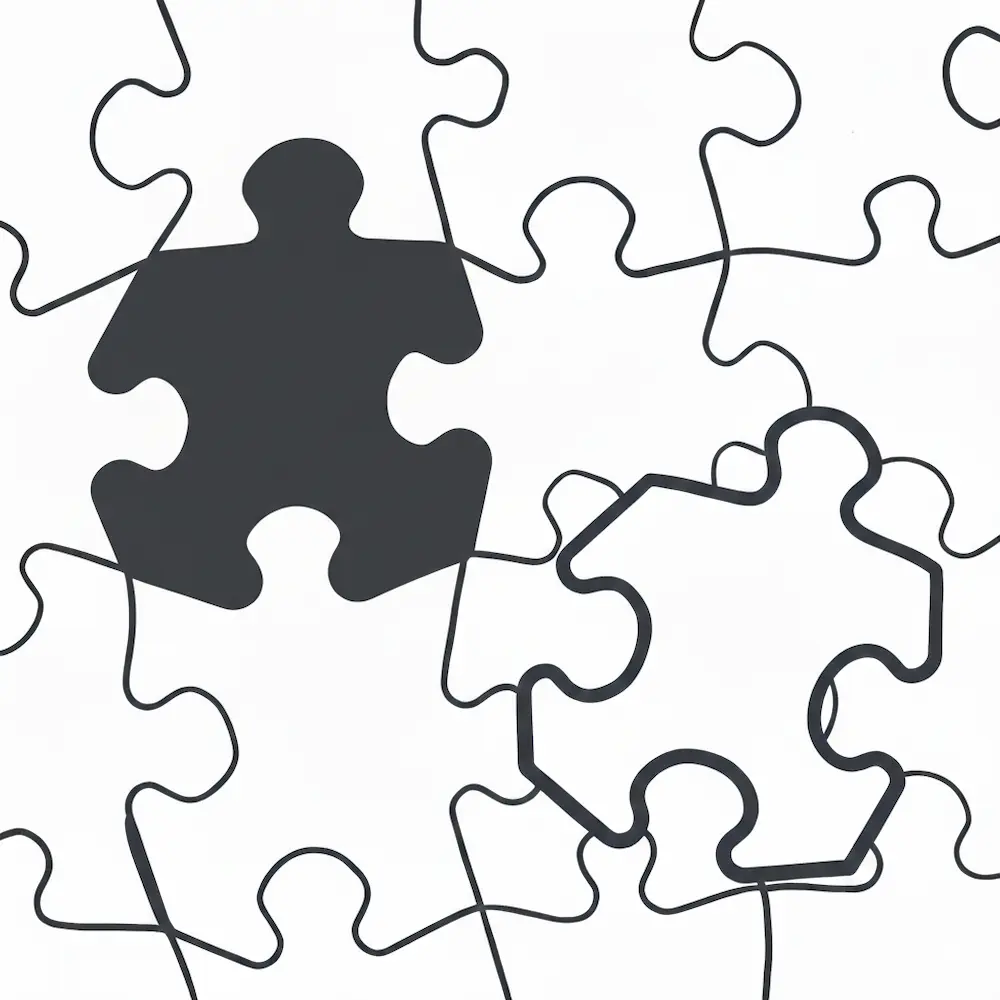 Une illustration graphique d'un puzzle avec une pièce manquante remplie par un bloc de charbon solide, représentant l'effort collaboratif pour trouver des ressources de soins pour chiens seniors.