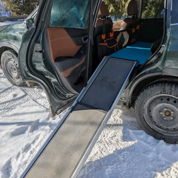 Telescopic dog ramp with a grey traction surface extended from a car's side door.