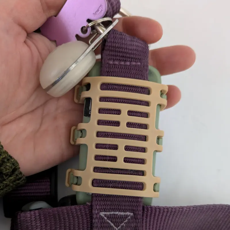 Close-up of the green Tractive GPS tracker securely attached to a purple dog collar.
