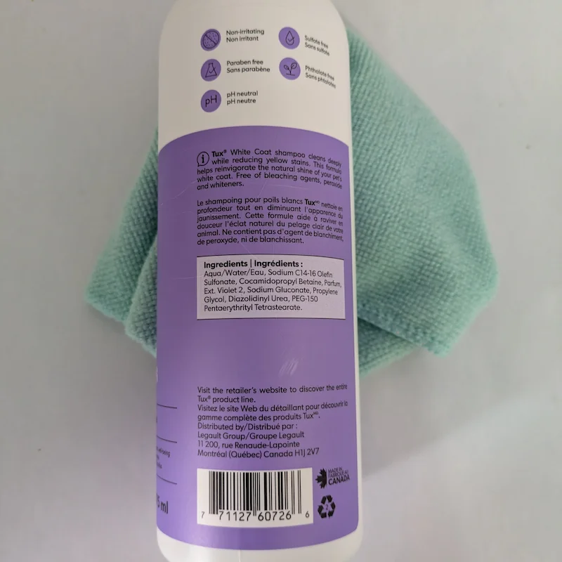 Ingredients of TUX white coat shampoo.