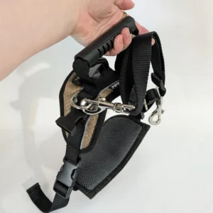 A hand holding the padded handle of the Solvit rear harness to demonstrate the lifting grip.